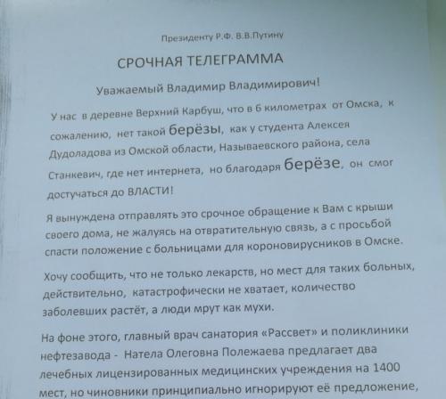 Омский депутат Дроздова отправила срочную телеграмму президенту Путину с крыши дома