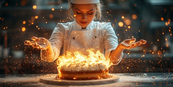 Танцующий кондитер из Омска представила в Москве антигравитационный горящий торт